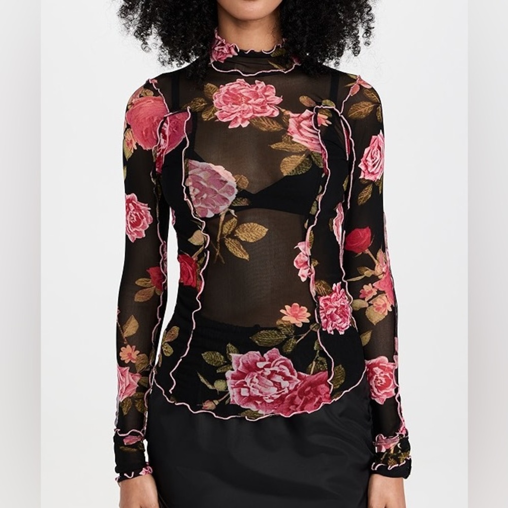 Free People Charlie Floral Printed Mesh Long Sleeve Mock Neck Top NWT